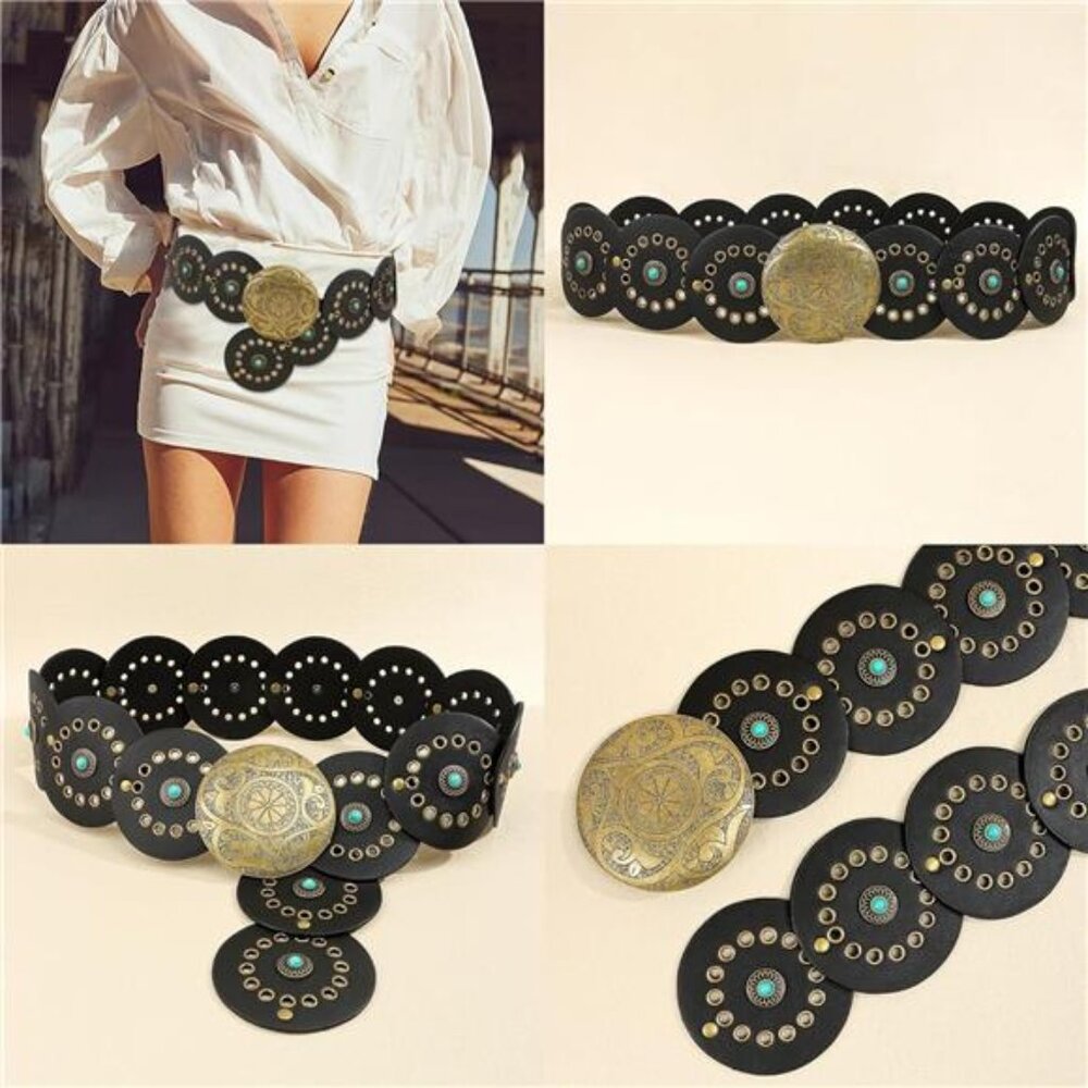 ✨ Vintage Hollow Wide Disc Belt – Adjustable PU Leather Waist Belt
